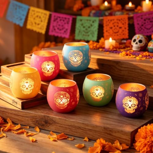 Day of Dead Skull Glass Votive Candle Holders for Indoor Halloween Decor