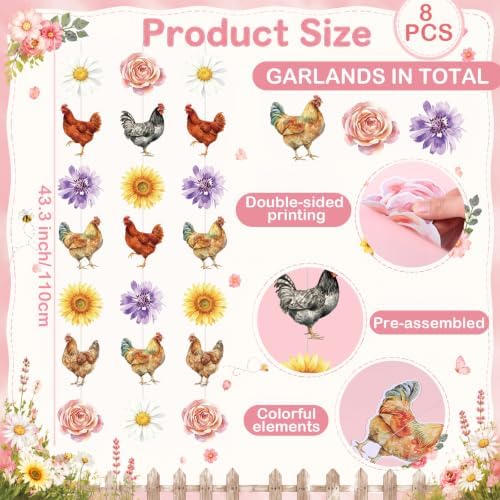 Xinnun 8 Pcs Chicken and Daisy Birthday Decorations Floral Hen Garlands