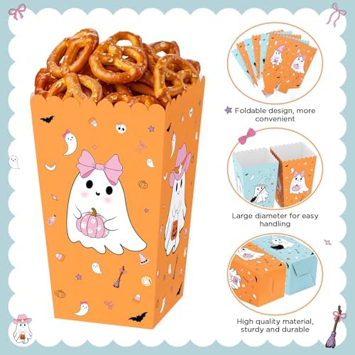 K KUMEED 24 PCS Halloween Popcorn Favor Boxes,Cute Ghost Popcorn Bowls Popcorn Buckets Candy Bags Boo Theme Cookie Container for Kids Halloween Party Supplies (Blue&Orange)