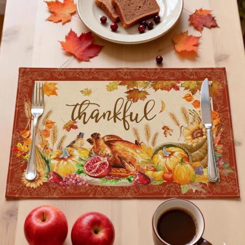 Thanksgiving Placemats Set of 4, Turkey Holiday Placemats Set of 4 12x18 Inch for Dining Table, Thanksgiving Place Mats Pumpkins Table Decor for Kitchen Dining Room Home