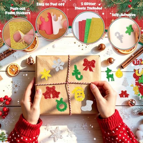 250Pcs Foam Stickers Glitter 3D Christmas Foam Xmas Shape Sticker,Christmas