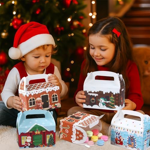 Patimate 24 pcs 4 Style Christmas Cookie Boxes for Gift Giving with Handles