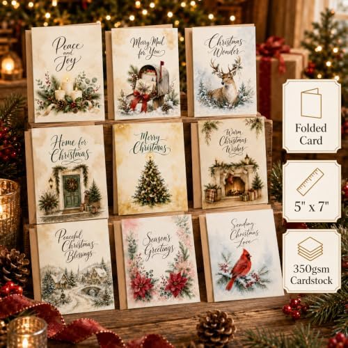 Christmas Cards with Envelopes, 18 Folded 5x7 Watercolor Holiday Cards Bulk