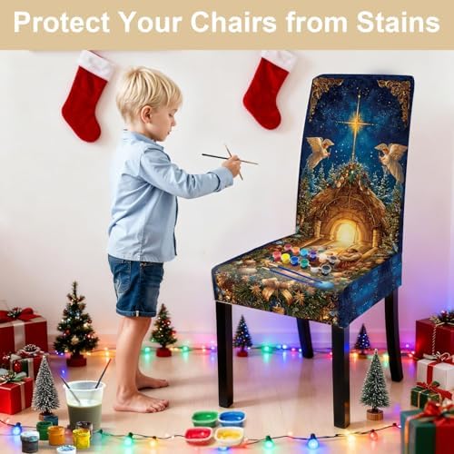 Nativity Scene Chair Covers Set of 4, Stretchable Dining Chair Slipcovers with Christmas Angels and Star for Holiday Décor