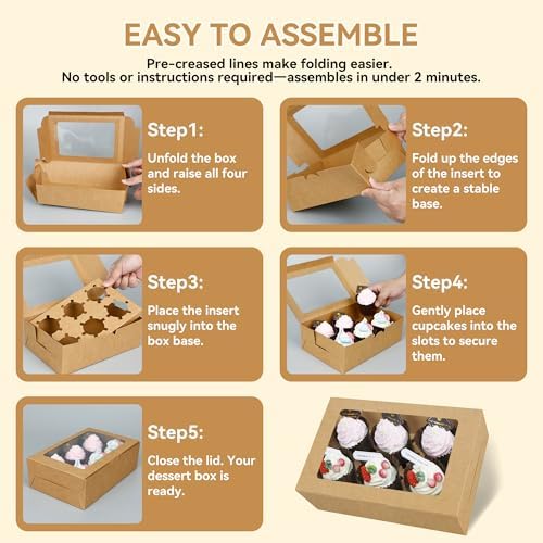 50-Set Cupcake Boxes Bulk with Clear Display Window Hold 6 Standard Cupcakes, Disposable Food Grade Brown Cupcake Carrier Cupcake Container, Perfect for Cupcakes Muffins Cookies Pastries
