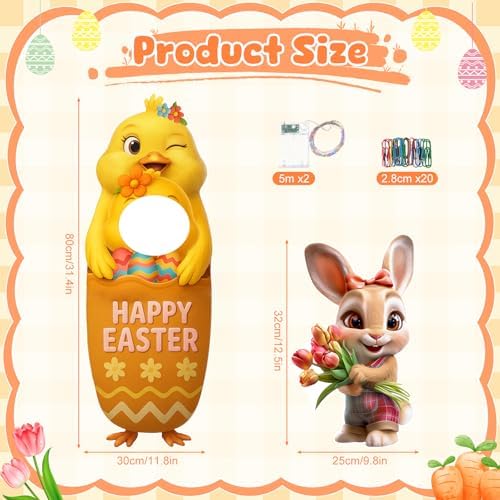 Bucherry 8 Pcs Lighted Easter Yard Signs with Stakes, LED String Lights & Face Hole Photo Booth Props, Waterproof Bunny Chick Lawn Decorations for Outside Spring Garden Egg Hunt Party Decor