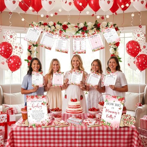Funnymoom 426 Pcs Strawberry Baby Shower Games Set, 8 Games with Bingo