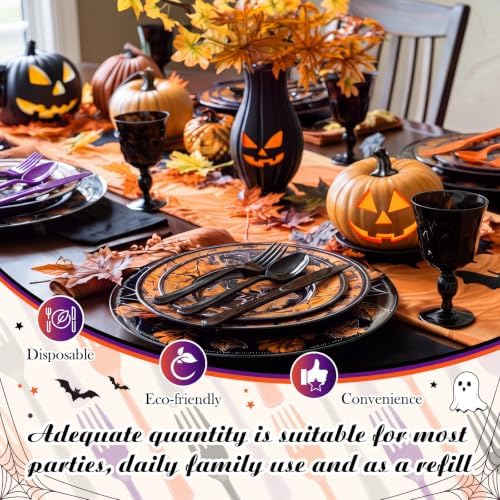 Minatee 180 Pcs Halloween Plastic Silverware Heavy Duty Cutlery Sets Disposable Utensils for Holiday Birthday Themed Party Supplies, 60 of Each Forks Knives Spoons