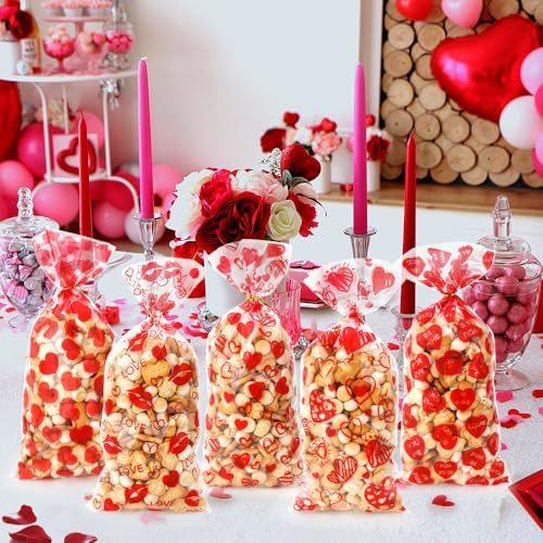 100 PCS Valentines Cellophane Bags(5x11 Inch) with Ties for Candy Goodie Treat Snack Goody Cookie Small Gifts Wrap Plastic Ziplock Bag Baggies Pouch Valentine Galentine Party Favors Supplies Decor