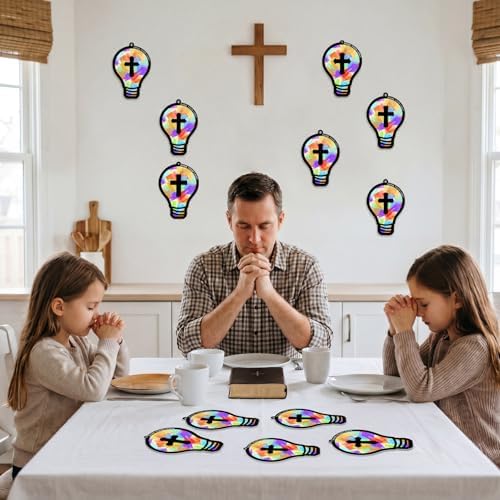 Renbuzhu 48PCS Sunday School VBS Crafts Bulk: Paper Lightbulb Cross Nativity Suncatchers, Jesus Religious Christian Activity DIY Kits Church Decorations, Window Stained Glass Effect Art Supplies