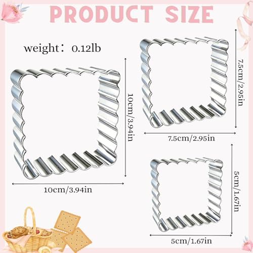 Square Cookie Cutter Set, 3 Pcs Wavy Edge Stainless Steel