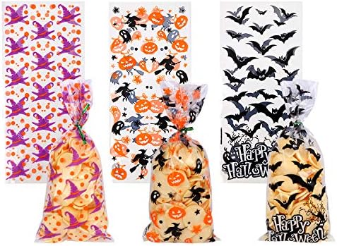 DIYASY 150 Pcs Halloween Cellophane Treat Bags, Clear Candy Bags Plastic Bats Pumpkin Bag Witch Goody Bag with 300 Twist Ties for Kids Party Favor