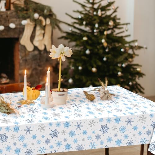 3-Piece 54 x 108 Inch Christmas Snowflake Plastic Tablecloth – Blue and White Disposable Rectangle Table Covers with Snowflake Design for Holiday Parties, Christmas Dinners, and Winter Celebrations