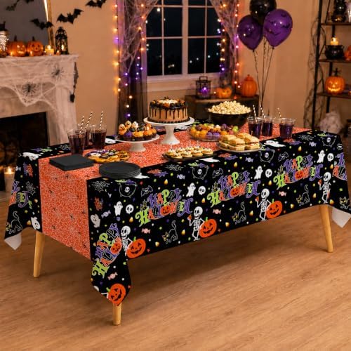 2 Pack Halloween Tablecloth, 54 x 108 Inch Disposable Plastic Table Cover, Orange Halloween Party Decorations for Halloween Decor
