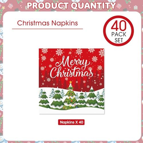 40 Pcs Merry Christmas Napkins - 13 Inch Christmas Cocktail Napkins Bulk, 3-Ply Red Disposable Xmas Tree Snowflakes Paper Hand Towels Tableware Set for Xmas Party Table Decorations Supplies Favors