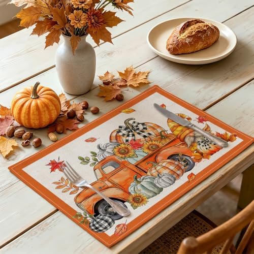 Fall Placemats Set of 4, 12x18 inch - Orange Truck Thanksgiving Table Decor