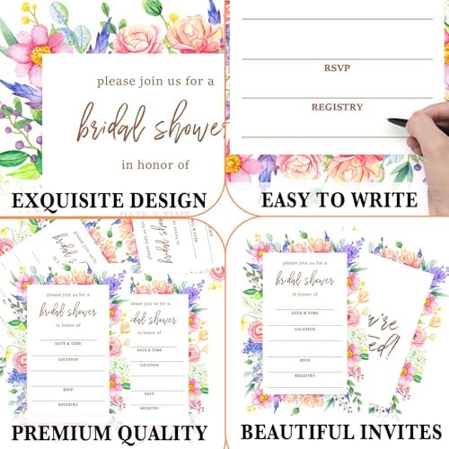 Boho Bridal Shower Invitations, Wildflowers Invites with Envelopes, 4x6 Set of 25 Invite Card for Wedding Shower, Newlyweds, Party Favor & Decorations-A05
