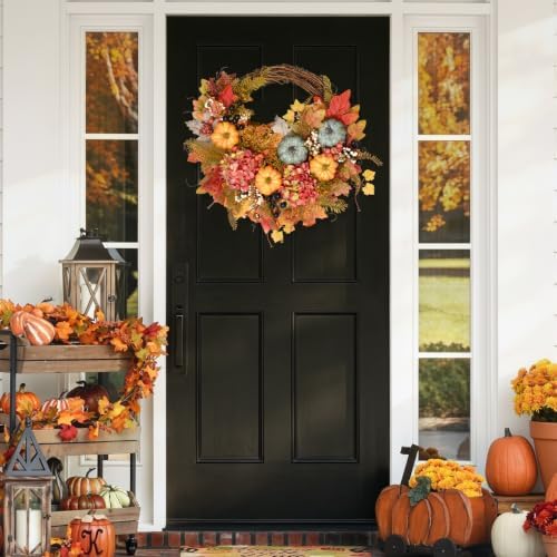 Fall Wreaths for Front Door, Artificial Pumpkin Hydrangea Autumn Wreath