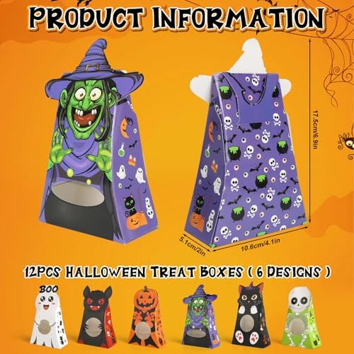 Sereliy 12pcs Halloween Treats Bags,6 Character Designs Cookie Candy Bags For Kids, Halloween Treat Boxes With Window, Goodie Gift Boxes For Party Favor Supplies