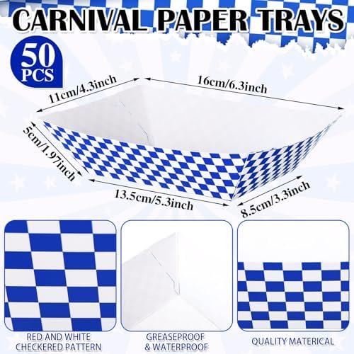 Geosar 100 Pcs Gingham Paper Food Tray with Wax Paper,Blue White