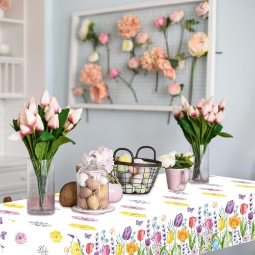 3-Piece 54 x 108 Inch Spring Tulip Floral Plastic Tablecloth – Colorful Wildflower Disposable Rectangle Table Covers with Botanical Border Design for Garden Party, Easter and Spring Celebrations