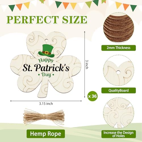 36PCS Wooden Shamrock Ornaments to Paint St. Patrick's Day Decorations,9 Styles DIY Blank Unfinished Wood Shamrock Cutouts Ornament for Tree Home Crafts Hanging Gifts Indoor Spring Farmhouse