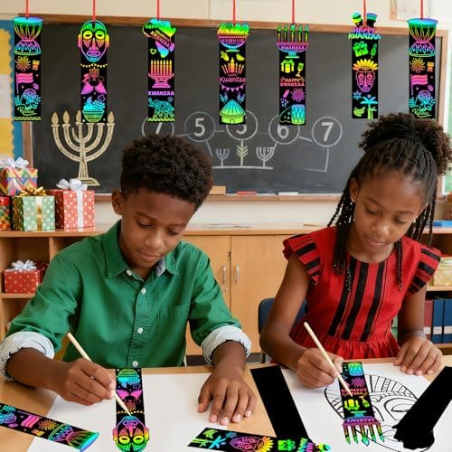 JUNEBRUSHS 30Pcs Kwanzaa Craft for Kids, Rainbow Magic Scratch Art Bookmark