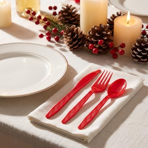 360Pcs Red Plastic Silverware Set, Disposable Forks Spoons Knives