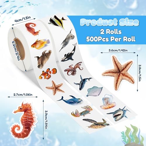 H1vojoxo Ocean Animals Sticker Rolls - 1000PCS Decorative Realistic Summer Sea Animal Fish Shark Stickers for Kids Under The Sea Stickers Sea Creature Sticker Labels for Laptop Scrapbook Water Bottle