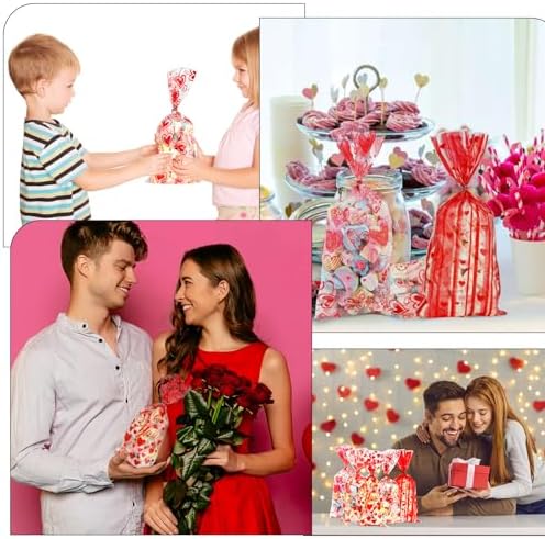 Valentine Treat Bags, 200 Pcs Valentines Cellophane Bags, Plastic Clear Red Valentine Candy Cookie Gift Goodie Snack Bag with 100 Pcs Twist Ties for Valentines Wedding Party Favor Supplies, 5 Styles