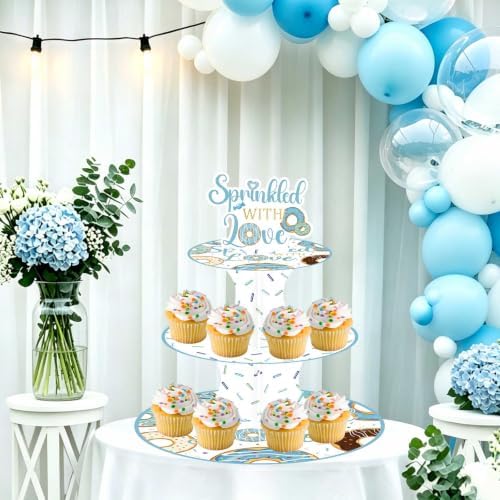 Blue Baby Sprinkle 3-Tier Cupcake Stand Blue Donut Dessert Cupcake Holder Sprinkle with Love Baby Shower Decorations for Boy Party Favor