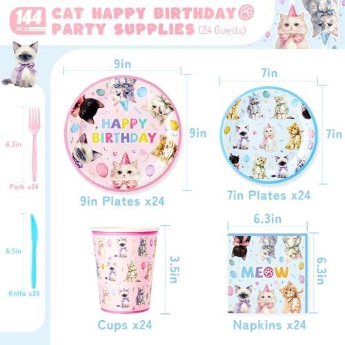 144PCS Cats Birthday Party Plates Set, Blue Pink Birthday Party Supplies