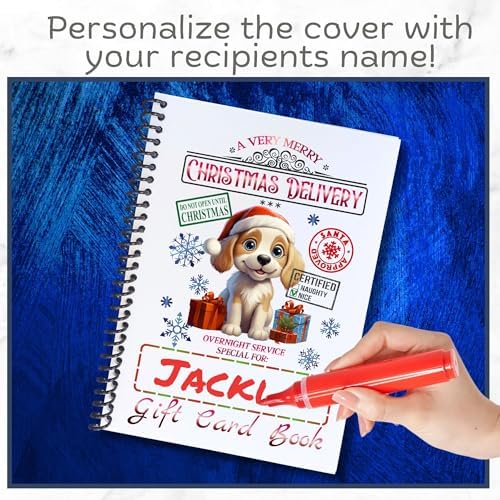 Christmas Gift Card Book 5x7 inches with Stickers, 10 Page Soft Cover Spiral Bound with Protective PVC Cover, and 20 Double Sided Sticky Dots - 8 Different Cover Design Options (Christmas Delivery Dog)