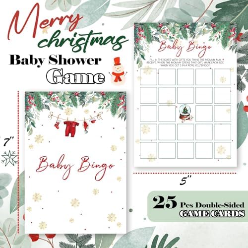 Christmas Baby Shower Games - 25 Pcs Baby Bingo Cards - Christmas Gender Reveal Games - Winter Party Decorations Favors Supplies -A06