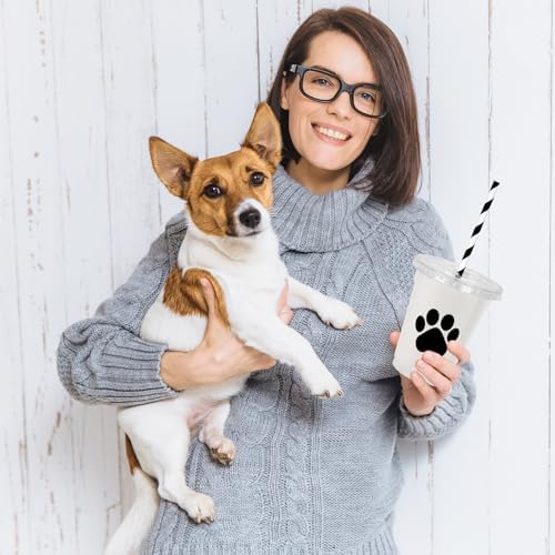 Whaline 50Pcs Paw Print Disposable Plastic Cups with Lids and Straws 12oz Dog Party Cups Black Cold Beverage Drinking Cups for Puppy Birthday Baby Shower Party Supplies