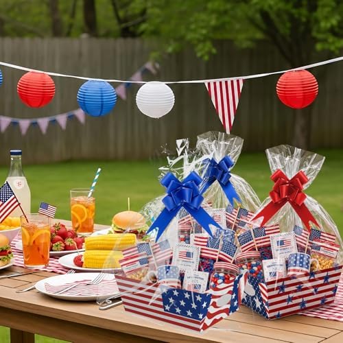 Cinrobiye 12 Pcs Patriotic Gift Baskets Bulk Empty 4th of July American Flag USA Gift Basket Kit with Pull Bows for Independence Day, Memorial Day, Veterans Day, Birthday Party Favors