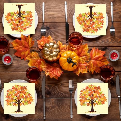 Konsait Fall Napkins - 50 Pack Maple Tree Fall Luncheon Paper Napkins, Disposable Autumn Napkins for Harvest Party Holiday & More, 6.5 x 6.5 Inches, 2-Ply
