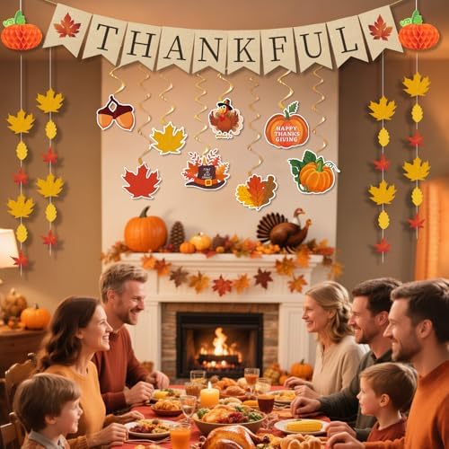 40Pcs Thanksgiving Decorations, Pre-Assembled Thanksgiving Banner & Garland, Hanging Swirls Decorations for Home Office Classroom Indoor Decor