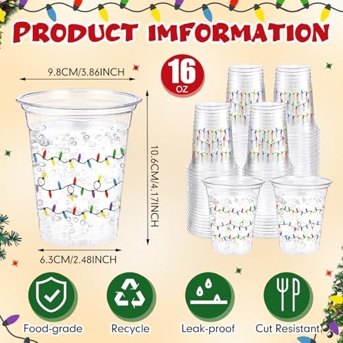 Jingmore 100 Pack 16 oz Christmas Clear Plastic Cups with Lights Design