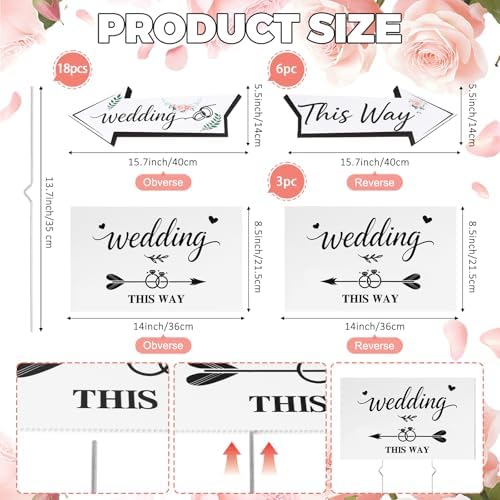 9 PCS Wedding This Way Sign Kit,Double Sided Wedding Direction Arrow & Parking signs with Metal Stakes, Wedding Signs for Ceremony,Reception, and Parking Area Outdoor Yard Lawn