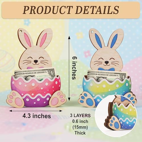 KATINAT Easter Bunny Money Holder for Cash & Cards, Blue Bunny Holding Easter Egg Wooden Cash Holder, Easter Basket Stuffer for Teens, Kids, Teen Girls & Boys, Blue Bunny Money Holder