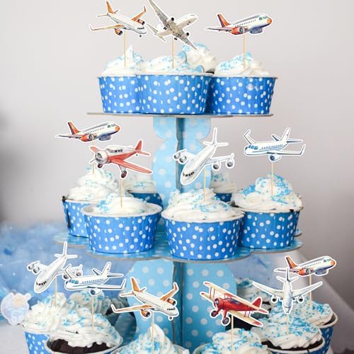 Hooqict 40Pcs Airplane Cupcake Toppers Airplane Birthday Cake Topper Decorations Cupcake Picks for Plane Themed Party Decorations Travel Around the World Party Supplies