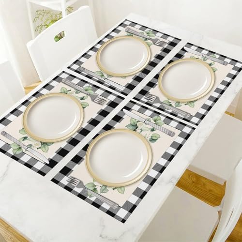Eucalyptus Placemats Set of 4, 12x18 Inch Seasonal Floral Sage Blue Spring Summer Plaid White Flower Green Plants Buffalo Plaid Holiday Coffee Table Mats for Party Kitchen Dining Decoration