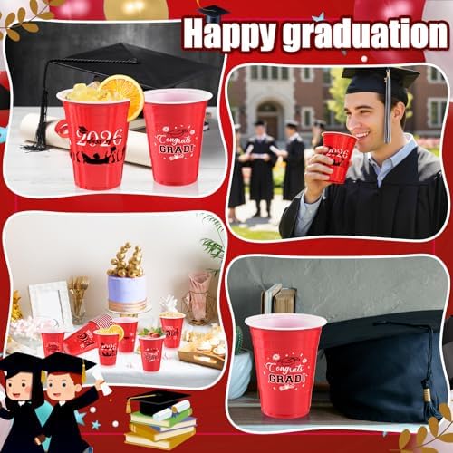 Graduation Decorations 2026 Party Cups - 100pcs 16 Oz Red and Black Disposable Graduation Plastic Cups for School Class of 2026 Grad Celebration Party Favors Supplies (5 Designs)