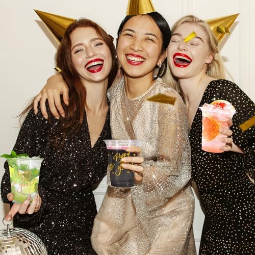 Whaline 50Pcs 12oz Happy New Year Disposable Cups Gold Plastic Party Cups New Year Eve Clear Plastic Glasses for Winter Holiday Drinks Party Supplies