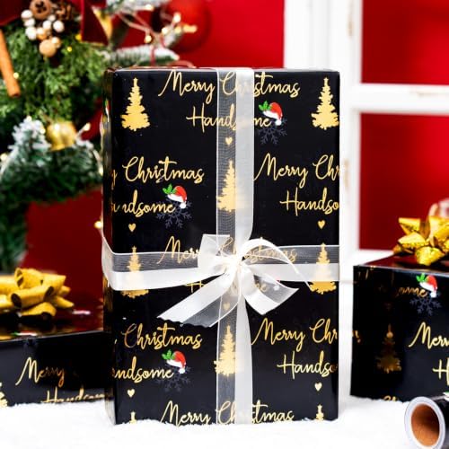 Yarcony Black and Gold Christmas Wrapping Paper for Men Boys, 17 In X 33Ft