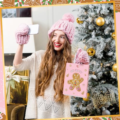 Kolldenn 48 Pcs Pink Christmas Gingerbread Party Favors Bags with Handles