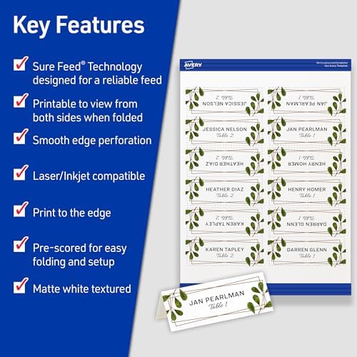 Avery Printable Place Cards, Sure Feed Technology, 1-7/16" x 3-3/4", Matte White, Laser & Inkjet Compatible, 150 Blank Tent Cards Total (5011)