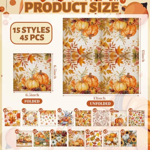 Gueevin 45 Pack Fall Decoupage Napkins 15 Styles for DIY Project