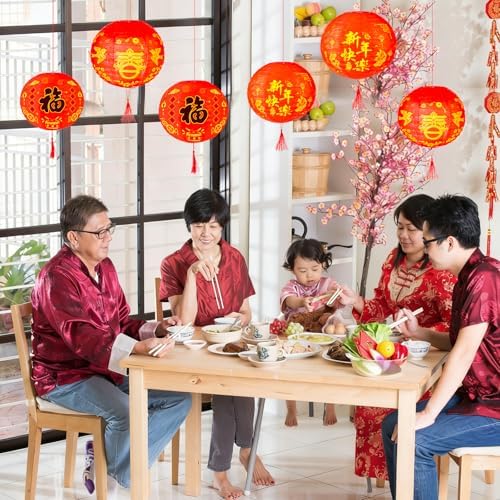 HOWAF 6pcs Chinese New Year Round Paper Lanterns Fu Chun Character Red Lantern for 2026 Lunar New Year Decorations,Spring Festival Hanging Round Lanterns Decorations,Year of The Horse Lanterns